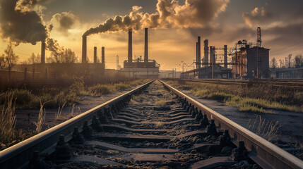 Obraz premium Railroad tracks cutting through an industrial landscape with towering factories and steam