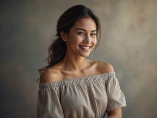 Naklejka premium A cheerful woman with a warm and gentle smile radiates positivity and charm, creating an inviting and uplifting atmosphere