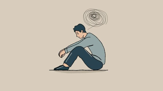 Depressed man sitting on the ground in a side view, with his hands resting on his knees. The man has a sad Look and Anxiety and complicated problem. Minimal design animation
