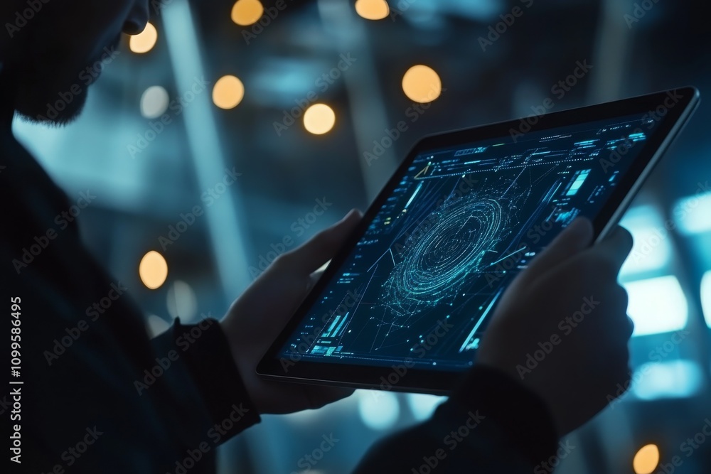 Aufkleber person holding tablet with futuristic interface displaying data visualizations and digital graphics 