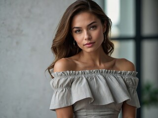 Fototapeta premium A beautiful woman with bare shoulders, exuding elegance and charm, her posture radiating confidence and femininity in soft lighting