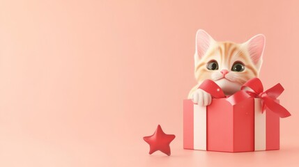 Obraz premium blank mockup template with a whimsical cartoon kitten peeking out of a gift box in the lower right corner, leaving the top and center open for holiday text, celebrating Christmas