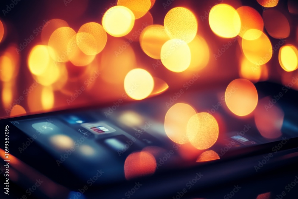 Poster soft glowing bokeh lights and a smartphone screen in an artistic close-up shot, creating a magical a