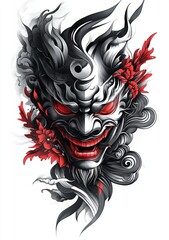 black and white and red tattoo sketch with a picture of a typical Japanese samurai mask