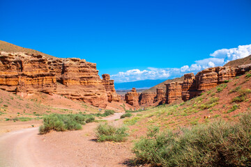 Charyn Canyon, Valley of Castles. The excellence of Kazakhstan. Panorama of natural unusual landscape. The red canyon of extraordinary beauty looks like a Martian landscape. © Vera
