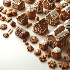 Cartoon Christmas postcard border featuring gingerbread houses and candy canes on a white backdrop 