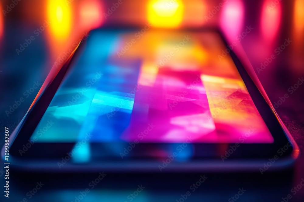 Poster vibrant colors and abstract patterns on a digital tablet displaying bright light waves in a creative