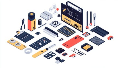 Obraz premium Colorful Isometric Office Supplies Illustration