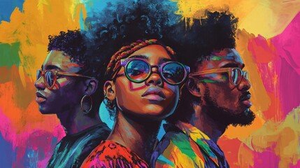 Obraz premium Three young black people wearing sunglasses on colorful background
