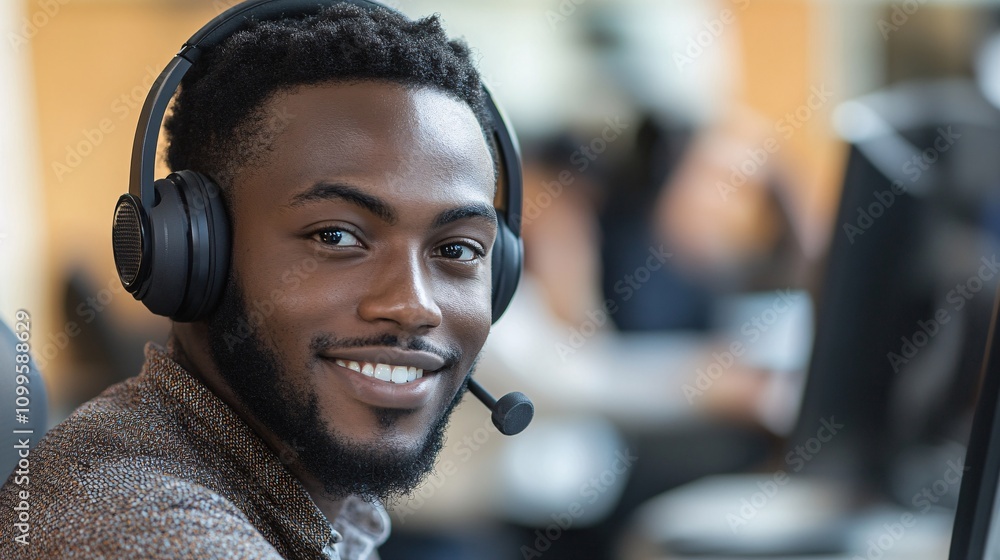 Poster smiling male call center agent working with headset in busy office