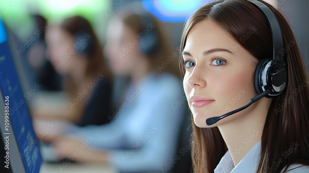 Poster Call center operator working with headset and computer in office
