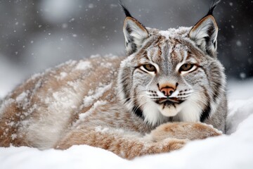 Obraz premium Lynx In Snow. Closeup of Canada Lynx Sitting in Winter Snow, Wildlife in Canada