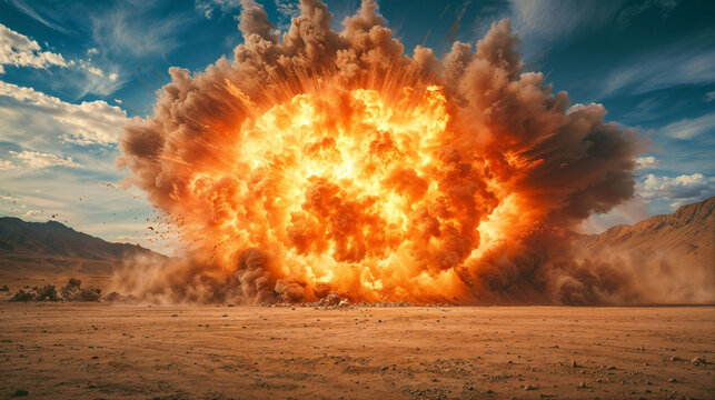 Spectacular explosion with massive fireball and smoke cloud in desert landscape. Dramatic scene with mountains and blue sky perfect for action movie concepts or disaster scenarios