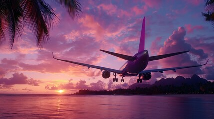 A large passenger jet descends towards a tranquil island beach during a vibrant sunset
