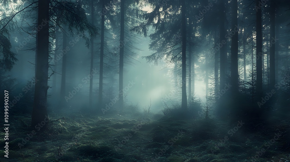 Poster misty forest path enveloped in deep shadows