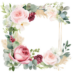Elegant Floral Frame with Pink Roses, Light Blush Peonies, Hydrangeas, Eucalyptus, and Pomegranate Accents &ndash; Watercolor Illustration for Wedding Stationery and Fashion Design