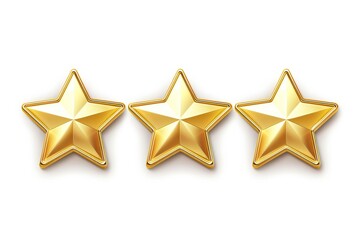 Obraz premium Three shiny golden stars arranged in a row on a white background, representing quality and excellence, Ideal for use in reviews, awards, or any promotional material highlighting top-rated services,