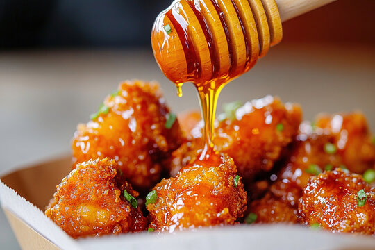 Drizzling hot honey over spicy fried chicken bites at a casual dining spot