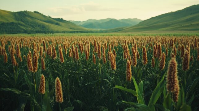 Milo Field Landscape: Growing Sorghum Cereal in Green Farmland