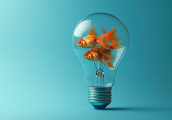 The surreal imagery blue tone of goldfish in a glowing bulb highlights an artistic fusion of life and innovation.