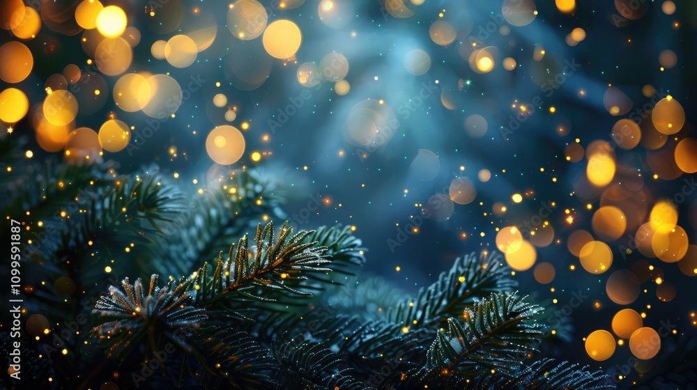 Poster christmas fir tree branch with soft golden bokeh effect glitter particles