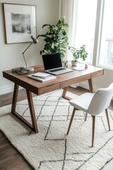 Fototapeta premium A stylish home office featuring a wooden desk, modern chair, laptop, and indoor plants, illuminated by natural light.