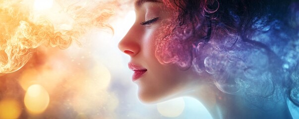 Fototapeta premium Beautiful model posing with colorful smoke and bokeh lights