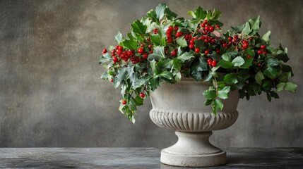 Fototapeta premium Holly Berries in an Ornate Stone Planter
