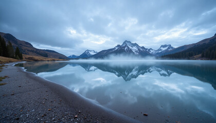 Serene natural composition with mist rolling over lake and blue-gray mountains in soft dawn light, symbolizing Blue Monday