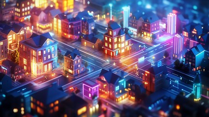 Obraz premium Night cityscape, illuminated buildings, vibrant streets, isometric view.