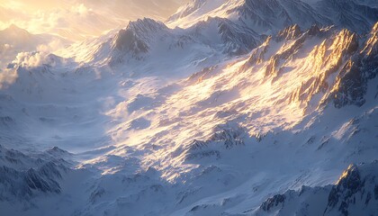 Rugged alpine terrain blanketed in snow with golden highlights at the edges ,