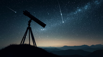 Starry Night Sky with Telescope and Shooting Stars