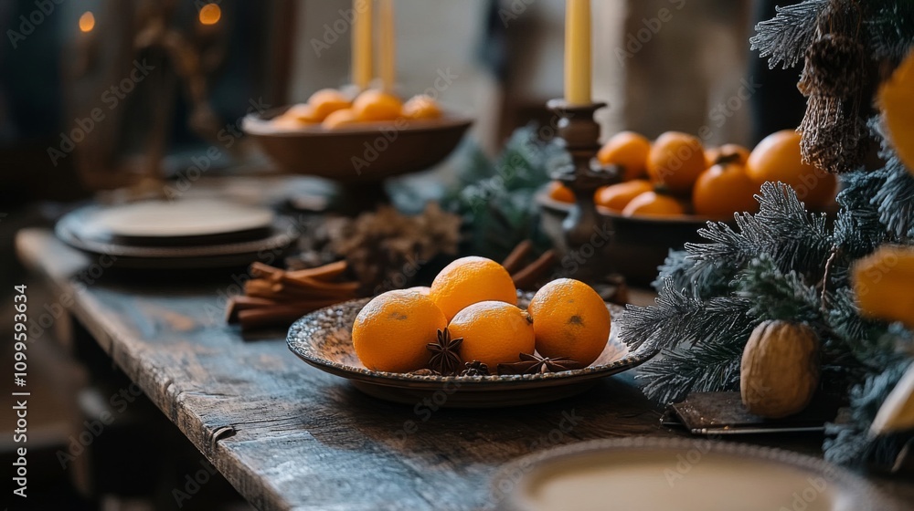 Poster rustic winter table setting with oranges and spices