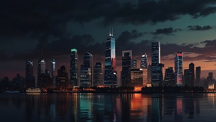 Obraz premium city skyline at Night View of Skyscrapers from Drone short