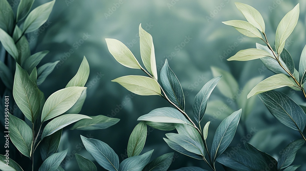 Poster green leaves creating a serene natural background with soft lighting