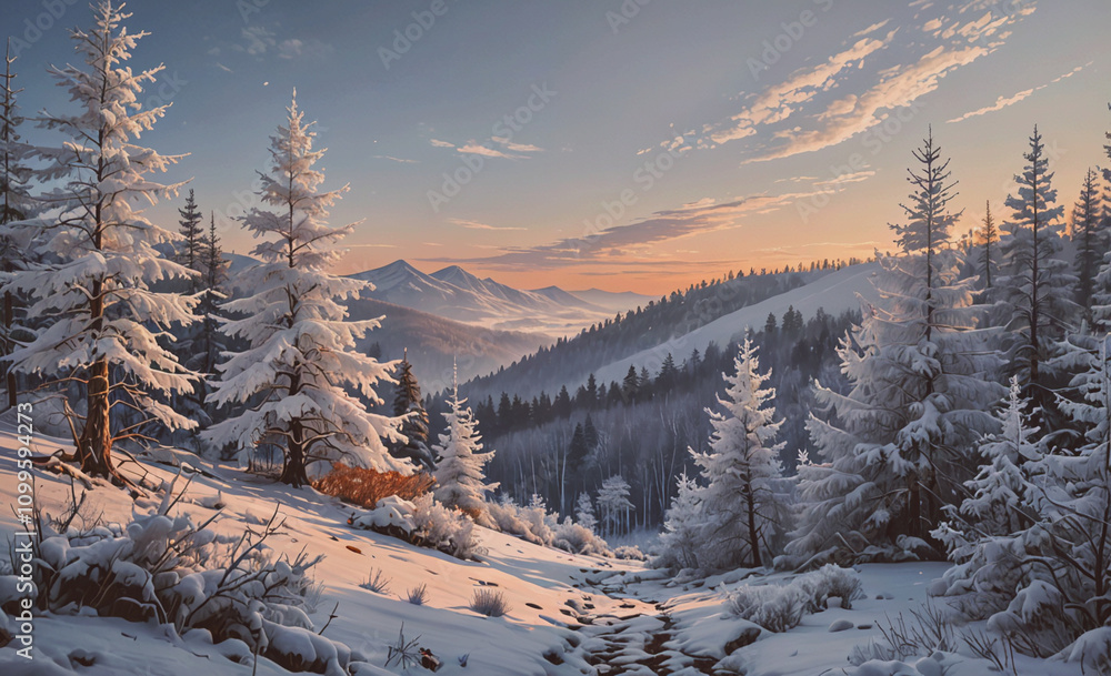 Poster snowy landscape with a path through the woods. trees are covered in snow and the sky is blue