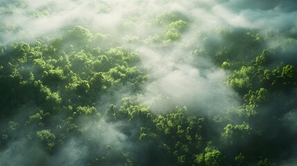 Fototapeta premium Lush Green Forest Canopy Shrouded In Morning Mist