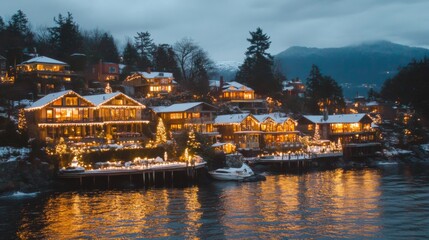 Fototapeta premium Waterfront homes illuminated with Christmas lights at night
