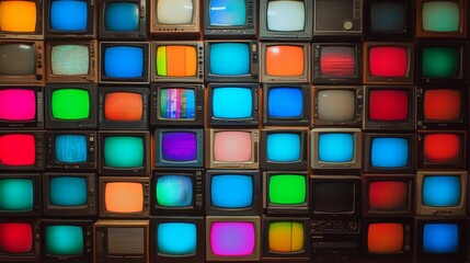 Vibrant retro televisions stacked in a mosaic pattern, showcasing bright screens with various colors and vintage designs.