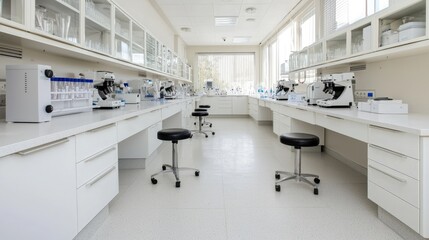 Scientific research laboratory equipment modern laboratory photography clean environment wide angle innovation and discovery