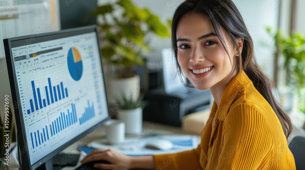 Poster a female accountant sits in front of a computer screen filled with data, smiling at the camera, conf