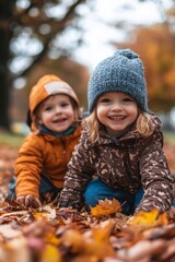 Two happy children playing with autumn leaves in a park