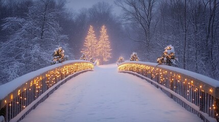 Snow covered bridge with illuminated trees and lights