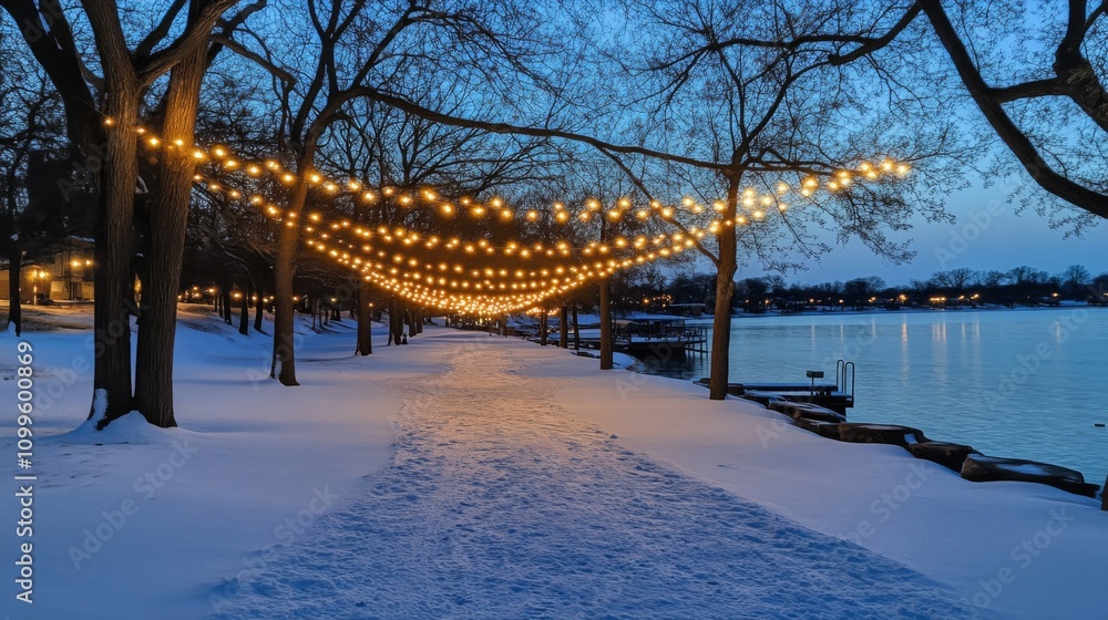 Poster winter wonderland path illuminated by warm string lights