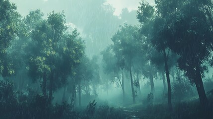 Obraz premium Rain Falling on a Misty Forest Path