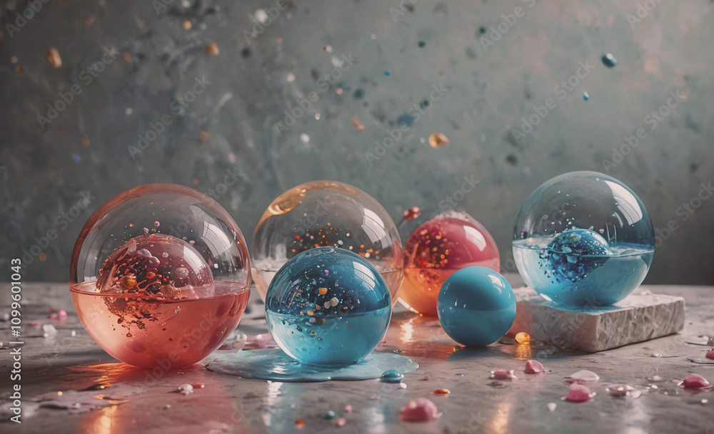 Poster group of glass balls with different colors and sizes. one of the balls is blue. the other balls are 