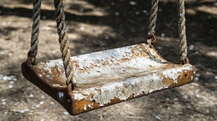 A detailed shot of a worn-out, rusting playground swing with frayed ropes and peeling paint, Representing the neglect of child safety and recreational areas
