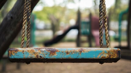 A detailed shot of a worn-out, rusting playground swing with frayed ropes and peeling paint, Representing the neglect of child safety and recreational areas