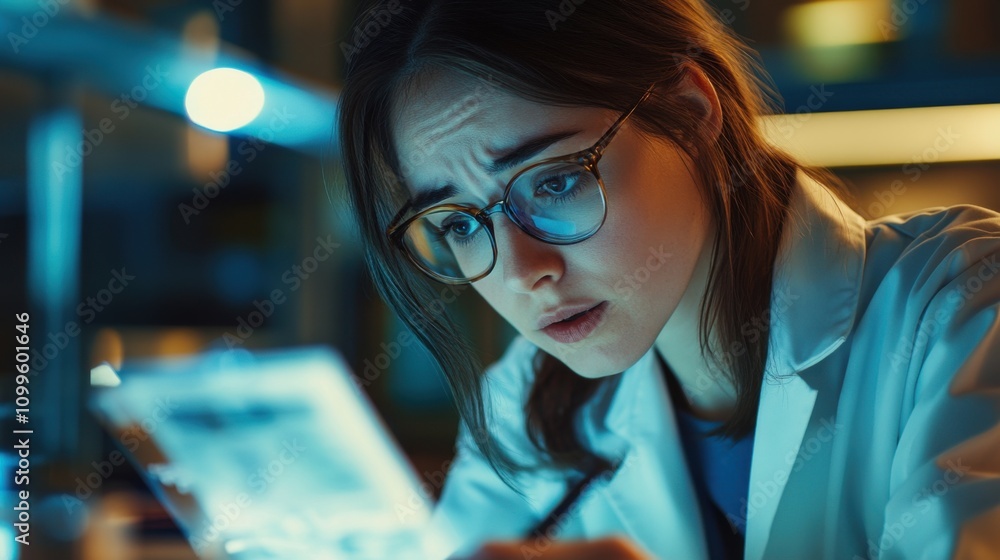 Poster a curious female scientist is experimenting in a laboratory. modern scientific and technological inv