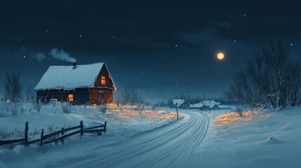 Winter Night Cabin Snow Road Moonlit Scene